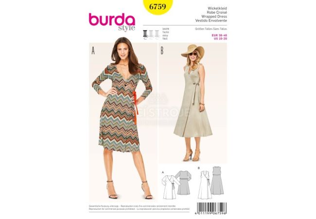 Strih Burda 6759 - Zavinovacie šaty, džersejové šaty, midi šaty