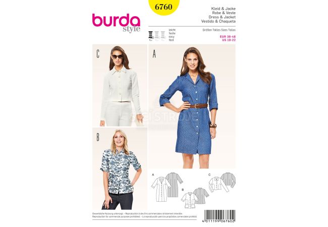 Strih Burda 6760 - Košeľové šaty, košele, krátke sako