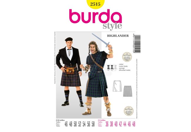 Strih Burda 2515 - Kilt, Highlander, Dobytok, William Wallace