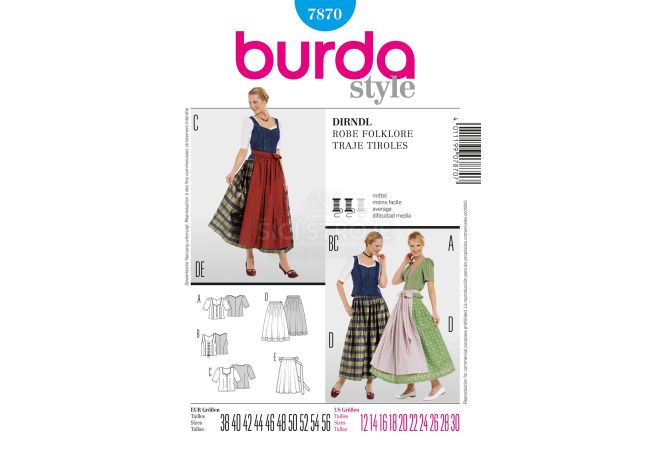 Strih Burda 7870 - Krojová sukňa, krojová zásterka, krojová blúzka