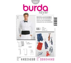 Strih Burda 3403 - Pánska vesta, kravata, motýlik, šál, smokingový pás