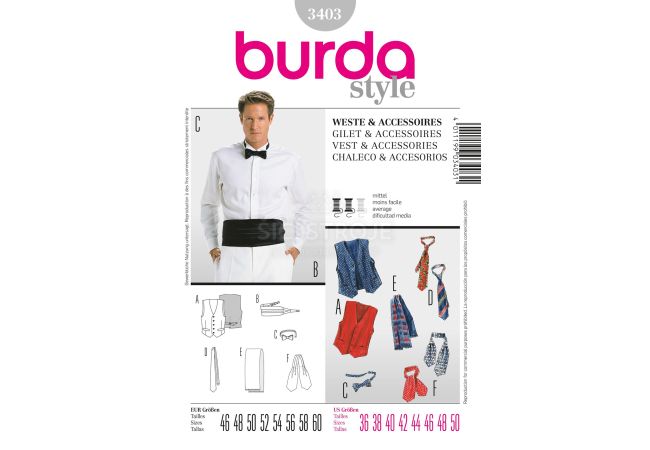 Strih Burda 3403 - Pánska vesta, kravata, motýlik, šál, smokingový pás