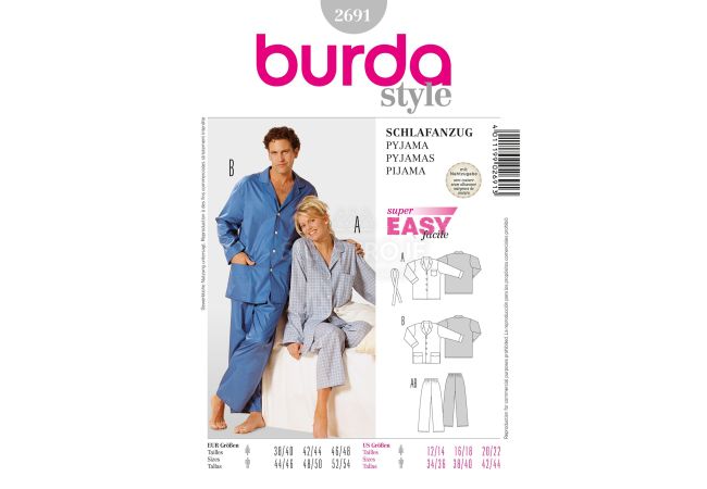 Strih Burda 2691 - Dámske pyžamo, pánske pyžamo