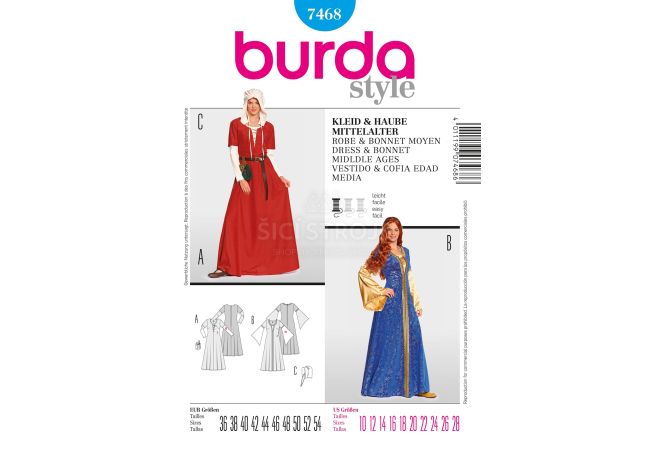 Strih Burda 7468 - Stredoveké šaty a čepiec