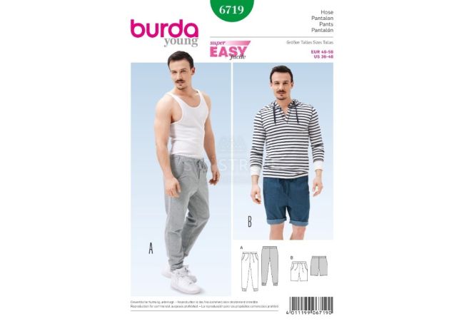 Strih Burda 6719 - Pánske tepláky, šortky, kraťasy