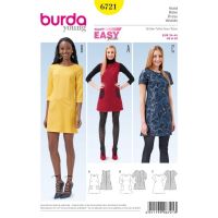 Strih Burda 6721 - Áčkové šaty, mini šaty, šaty s vreckami