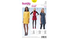Strih Burda 6721 - Áčkové šaty, mini šaty, šaty s vreckami