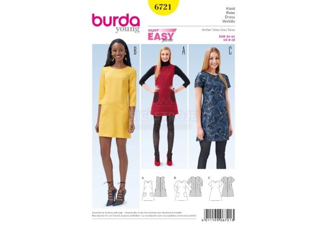 Strih Burda 6721 - Áčkové šaty, mini šaty, šaty s vreckami
