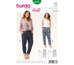 Strih Burda 6678 - Nohavice s pásom do gumy pre plnoštíhle