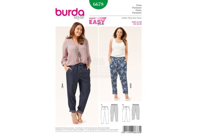 Strih Burda 6678 - Nohavice s pásom do gumy pre plnoštíhle