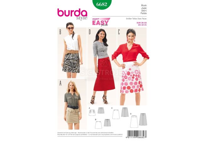 Strih Burda 6682 - Jednoduchá áčková sukňa, mini sukňa, dlhá sukňa