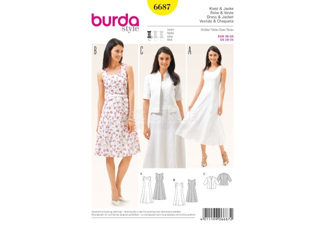 Strih Burda 6687 - Áčkové šaty, ľanové šaty, bolerko