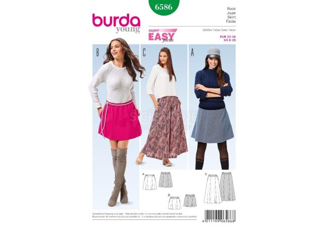 Strih Burda 6586 - Jednoduchá sukňa, áčková sukňa, mini sukňa, dlhá sukňa
