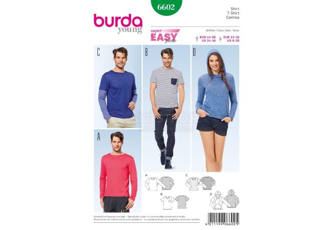 Strih Burda 6602 - Jednoduché tričko, tričko s kapucňou, tričko s dlhým rukávom, pánske tričko