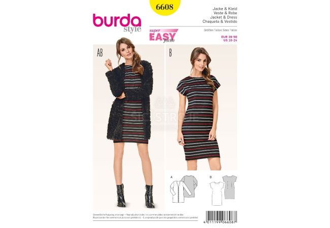 Strih Burda 6608 - Tričkové šaty, jednoduchý kabátik
