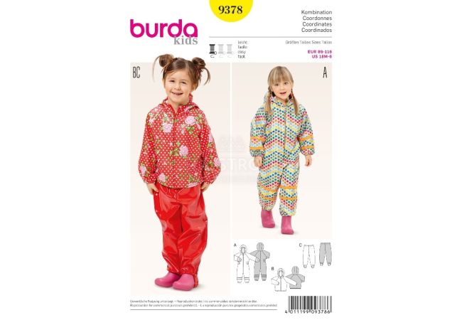 Strih Burda 9378 - Detská kombinéza, bunda s kapucňou, oteplováky