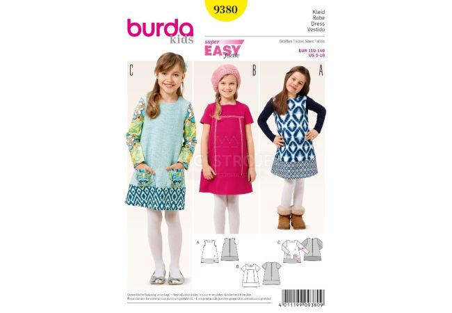 Strih Burda 9380 - Detské áčkové šaty