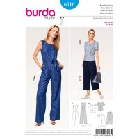 Strih Burda 6516 - Overal a nohavice so širokými nohavicami, top peplum