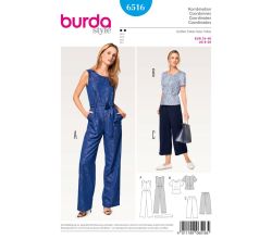 Strih Burda 6516 - Overal a nohavice so širokými nohavicami, top peplum