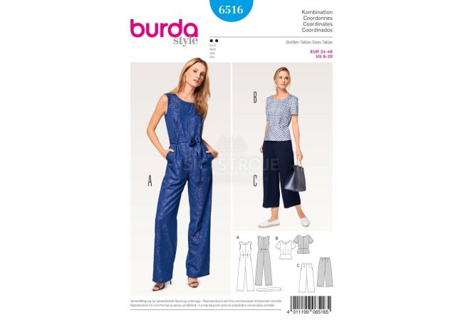 Strih Burda 6516 - Overal a nohavice so širokými nohavicami, top peplum