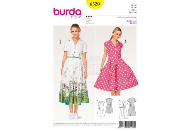 Strih Burda 6520 - Košeľové šaty, letné šaty, retro šaty