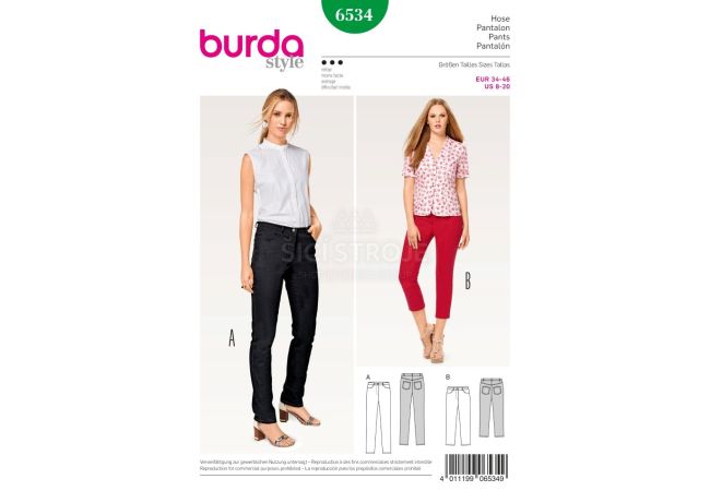 Strih Burda 6534 - Džínsy, džínsové nohavice, trojštvrťové nohavice