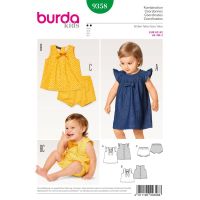 Strih Burda 9358 - Detské áčkové zapínacie šaty, blúzka, nohavičky