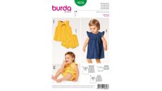Strih Burda 9358 - Detské áčkové zapínacie šaty, blúzka, nohavičky