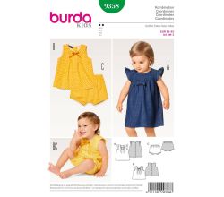 Strih Burda 9358 - Detské áčkové zapínacie šaty, blúzka, nohavičky