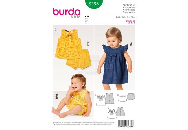 Strih Burda 9358 - Detské áčkové zapínacie šaty, blúzka, nohavičky