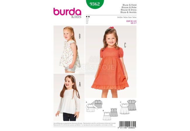 Strih Burda 9362 - Detská blúzka, naberané šaty