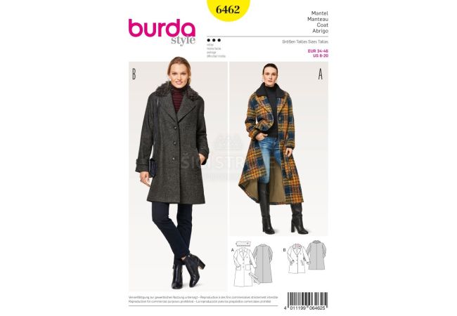 Strih Burda 6462 - Áčkový kabát, dlhý kabát