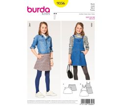 Strih Burda 9356 - Detská džínsová sukňa, laclové šaty, sukne s trakmi