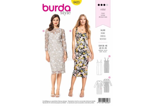 Strih Burda 6423 - Puzdrové šaty, krajkové šaty, koktailové šaty