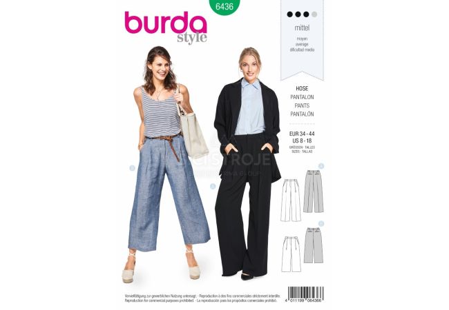 Strih Burda 6436 - Nohavice so širokými nohavicami, letné nohavice, ľanové nohavice