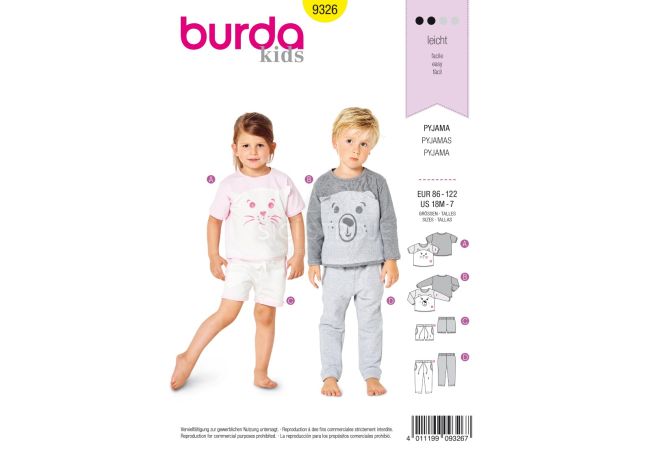Strih Burda 9326 - Detské pyžamo