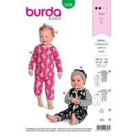 Strih Burda 9328 - Detský overal na zips, čiapka, čelenka