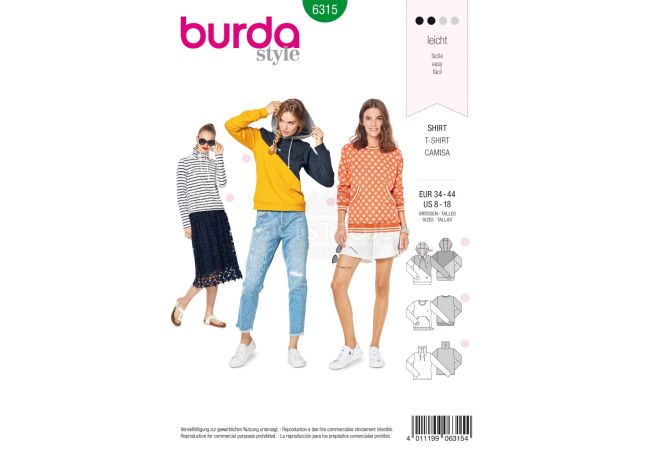 Strih Burda 6315 - Mikina s kapucňou, mikina s rolákom