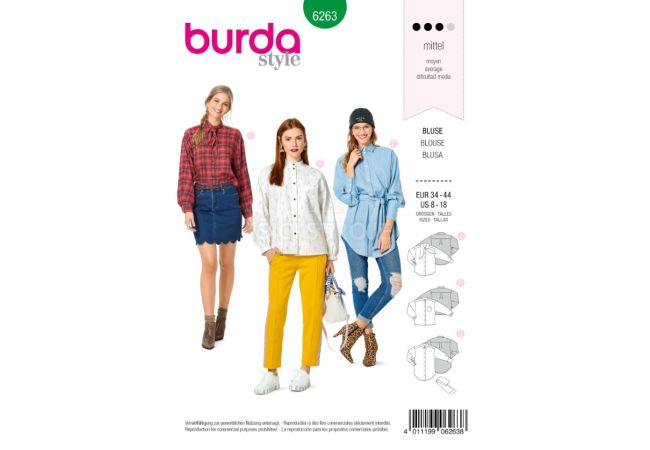 Strih Burda 6263 - Košeľa, košeľa s viazačkou, dlhá košeľa