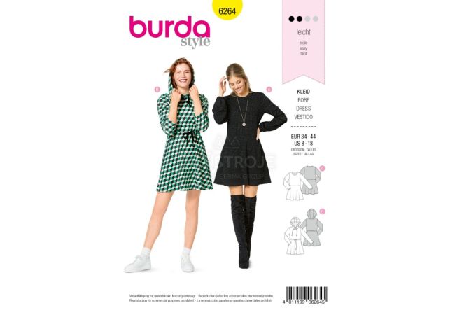 Strih Burda 6264 - džersejové šaty, mikinové šaty, mini šaty