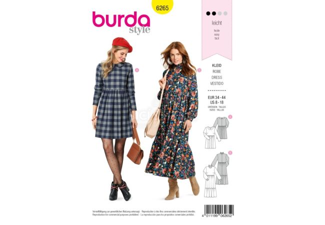 Strih Burda 6265 - Šaty s golierom, rolákové šaty, flanelové šaty