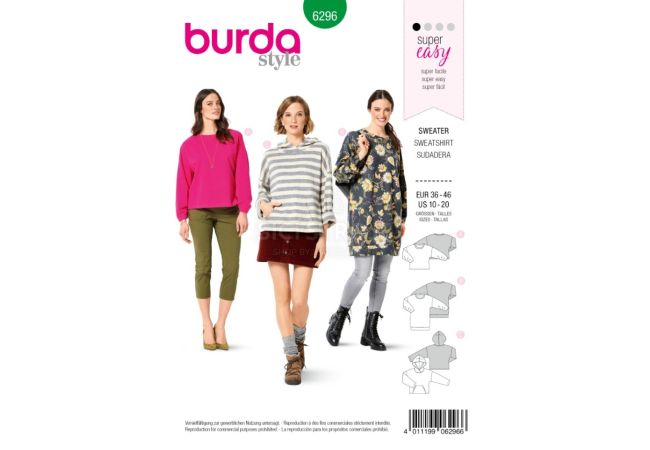 Strih Burda 6296 - Mikina, mikina s kapucňou, dlhá mikina, sveter