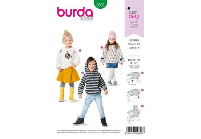 Strih Burda 9308 - Detská mikina, mikina s kapucňou, sveter