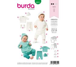 Strih Burda 9315 - Detská mikina, tepláky, čiapočka, capáčky