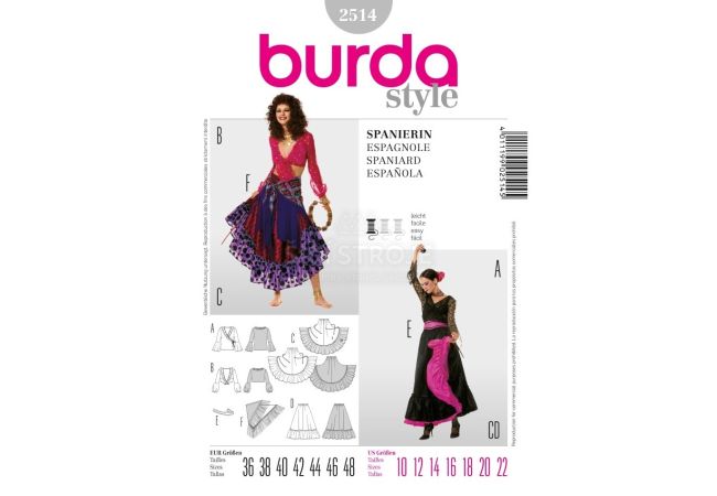 Strih Burda 2514 - Tanečnice flamenca, Carmen, Španělka, cigánka