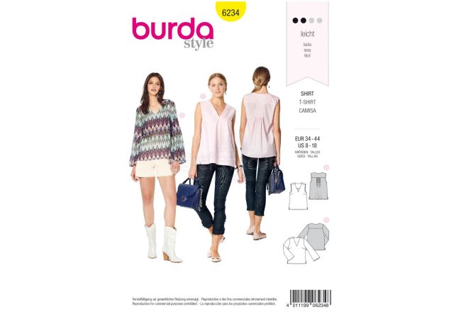 Strih Burda 6234 - Blúzka bez rukávov, blúzka s dlhým rukávom