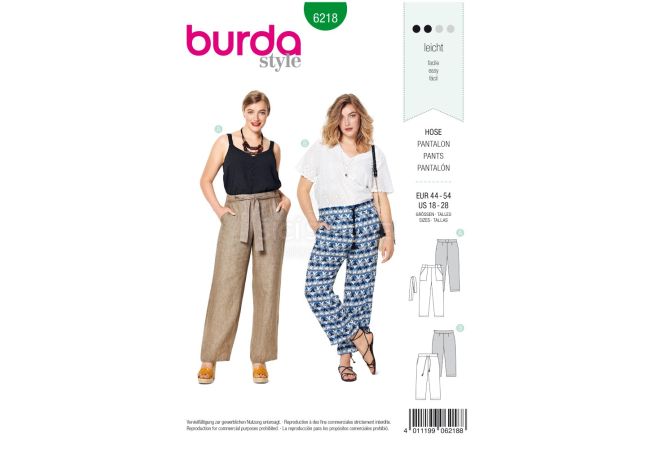 Strih Burda 6218 - Letné nohavice, ľanové nohavice pre plnoštíhle
