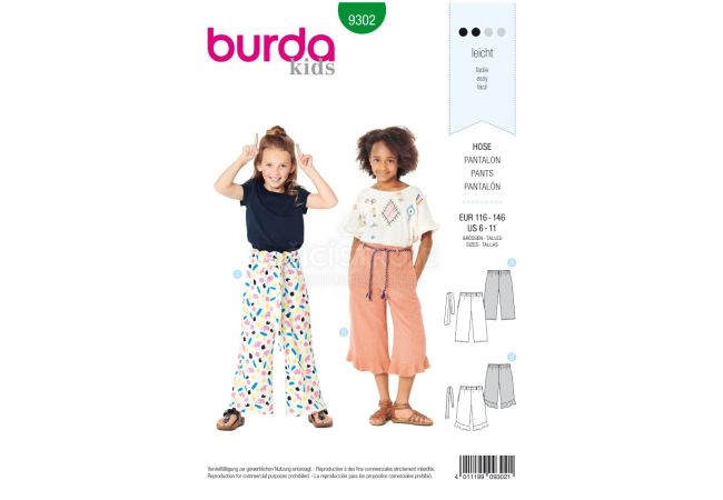 Strih Burda 9302 - Detské letné nohavice