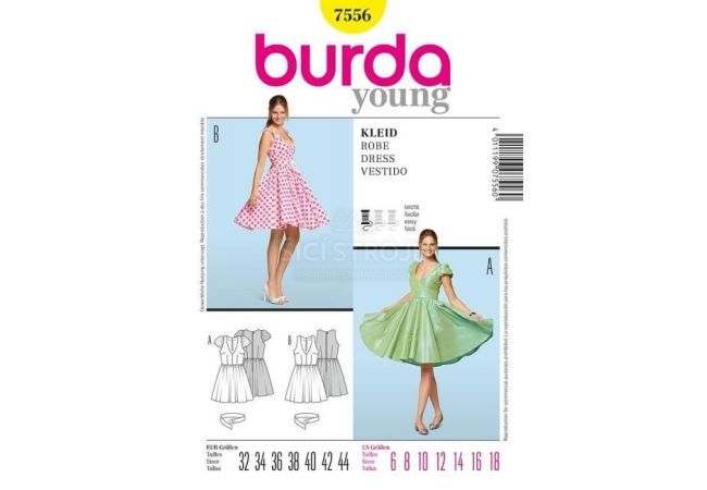 Strih Burda 7556 - Šaty s kolovou sukňou, retro šaty