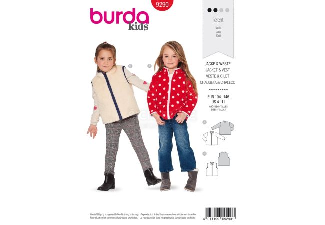 Strih Burda 9290 - Detská bunda na zips, vesta